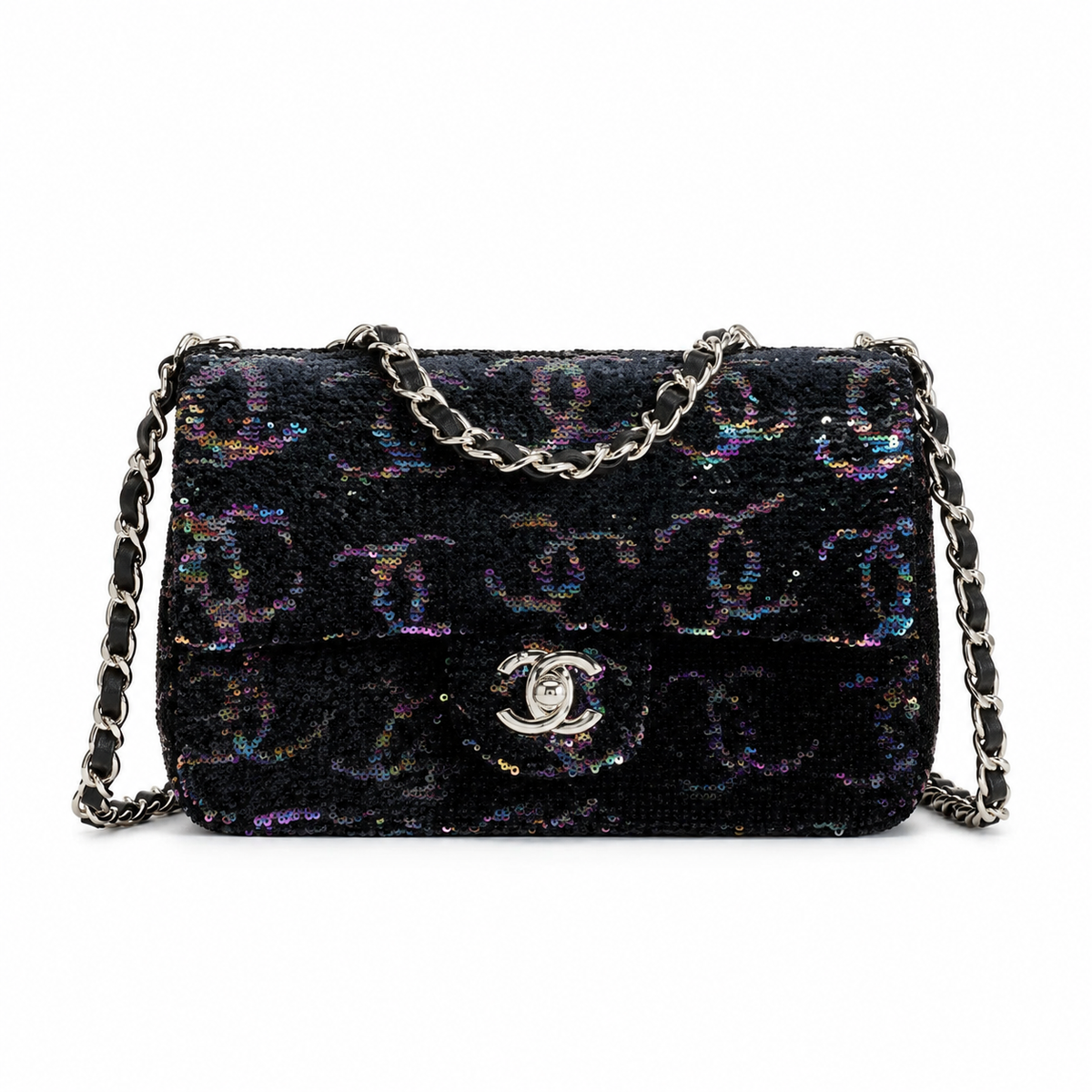 Chanel Classic Flap Bag in Black Holographic Sequin with Silver CC Lock