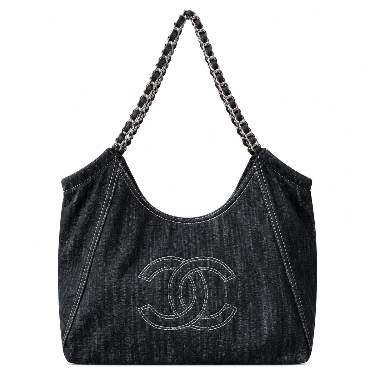 Chanel Black Glitter Denim Deauville Shopping Tote