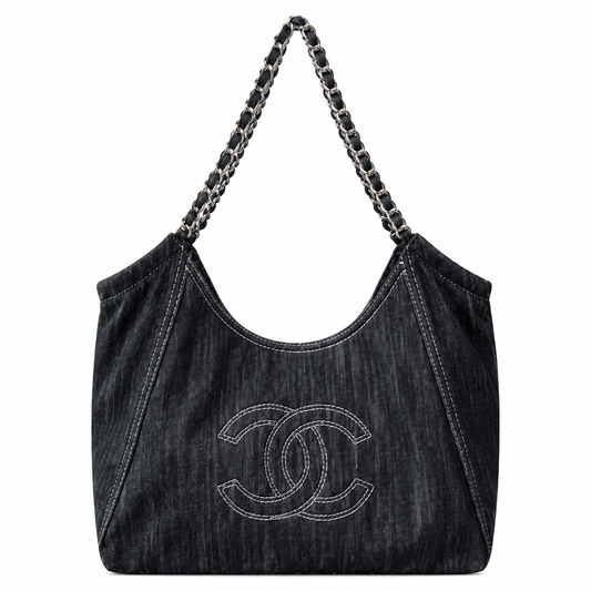 Chanel Black Glitter Denim Deauville Shopping Tote