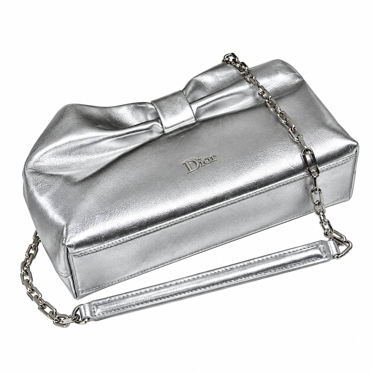 Dior Bow Bag in Silver Metallic Leather with Silver Chain Strap