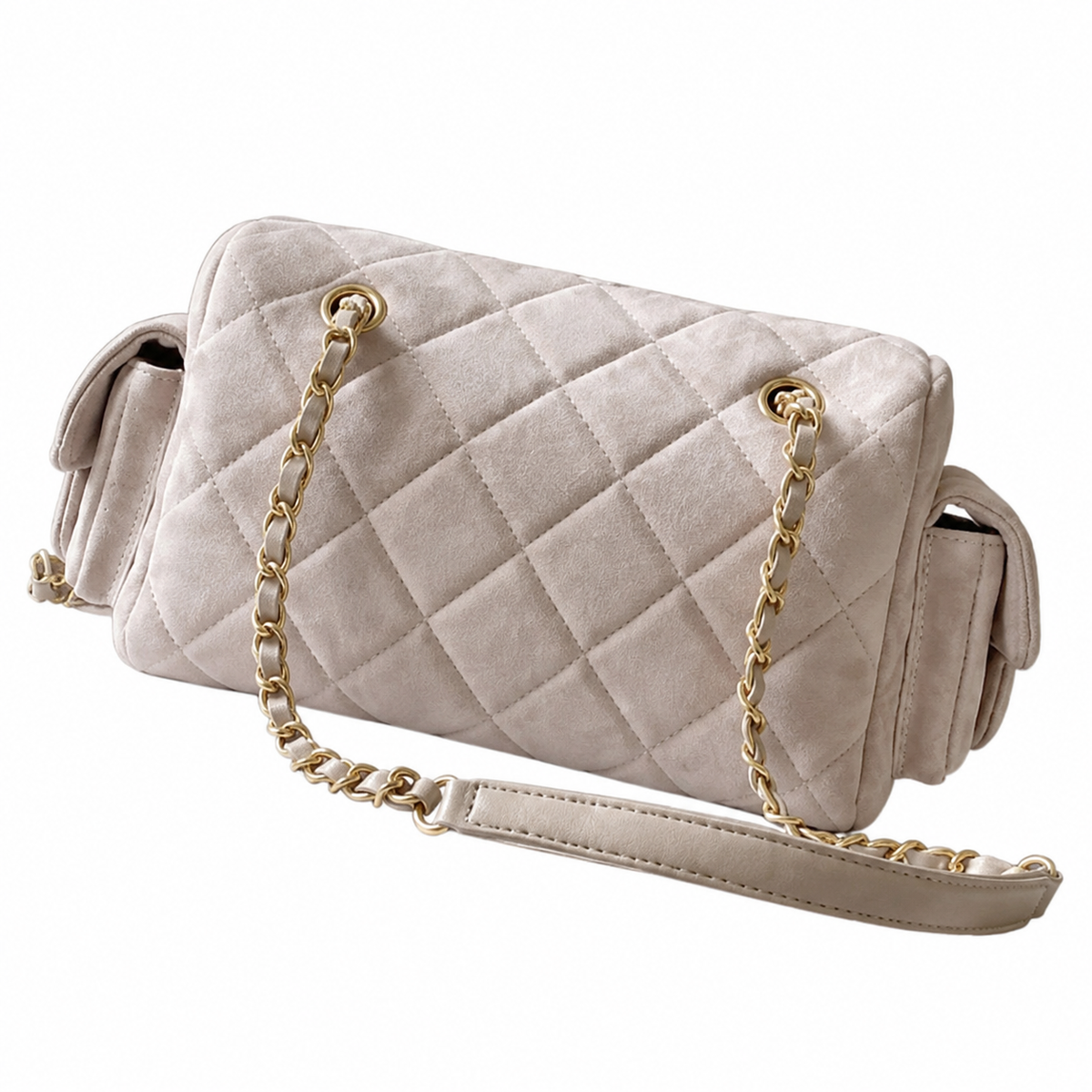 Chanel Quilted Off-White Suede Camera Bag with Gold CC Logo