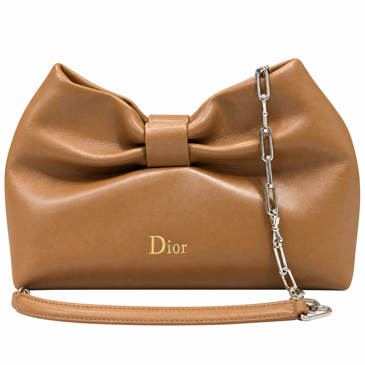 Dior Bow Bag in Caramel Lambskin Leather with Silver Chain Strap