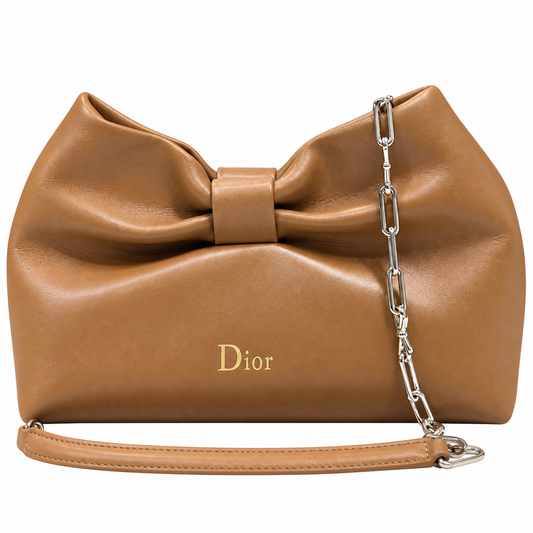 Dior Bow Bag in Caramel Lambskin Leather with Silver Chain Strap