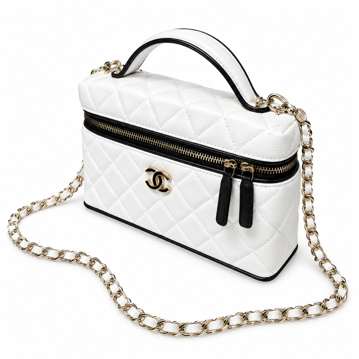 Chanel White Black Quilted Vanity Case with Chain