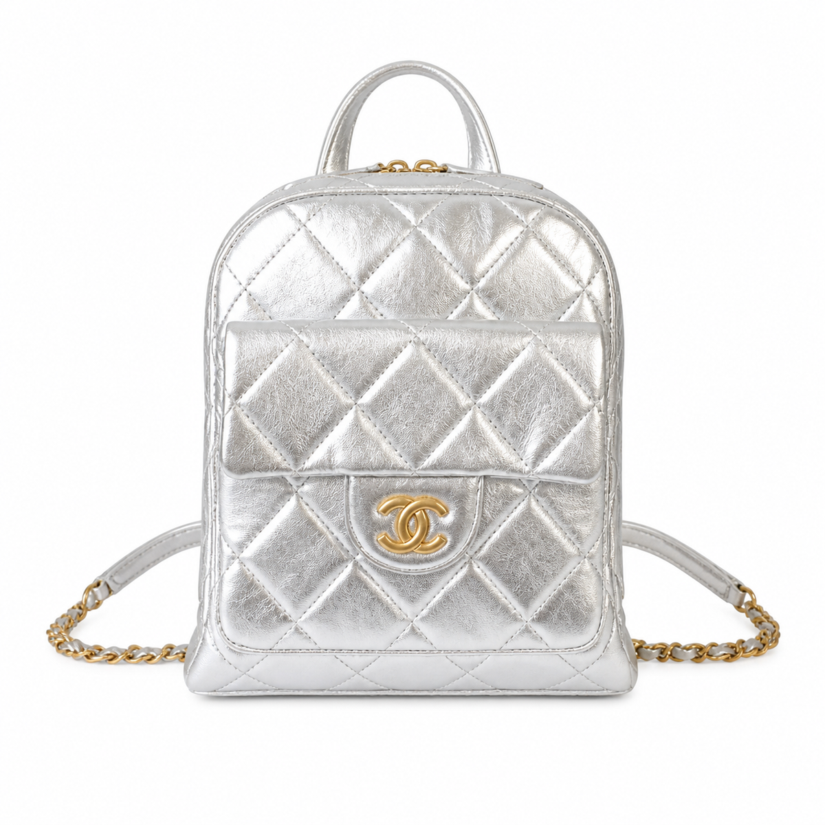 Chanel Quilted Mini Backpack in Silver Metallic Lambskin with Gold Chain