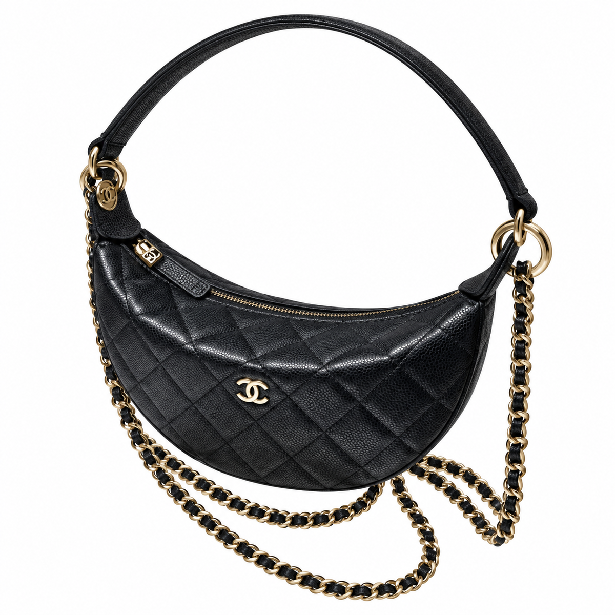 Chanel Black Quilted Caviar Half Moon Bag Gold Chain
