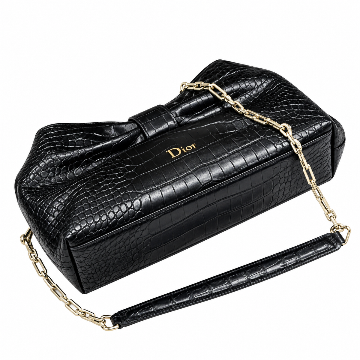 Dior Bow Clutch in Black Crocodile-Embossed Leather with Silver Zip