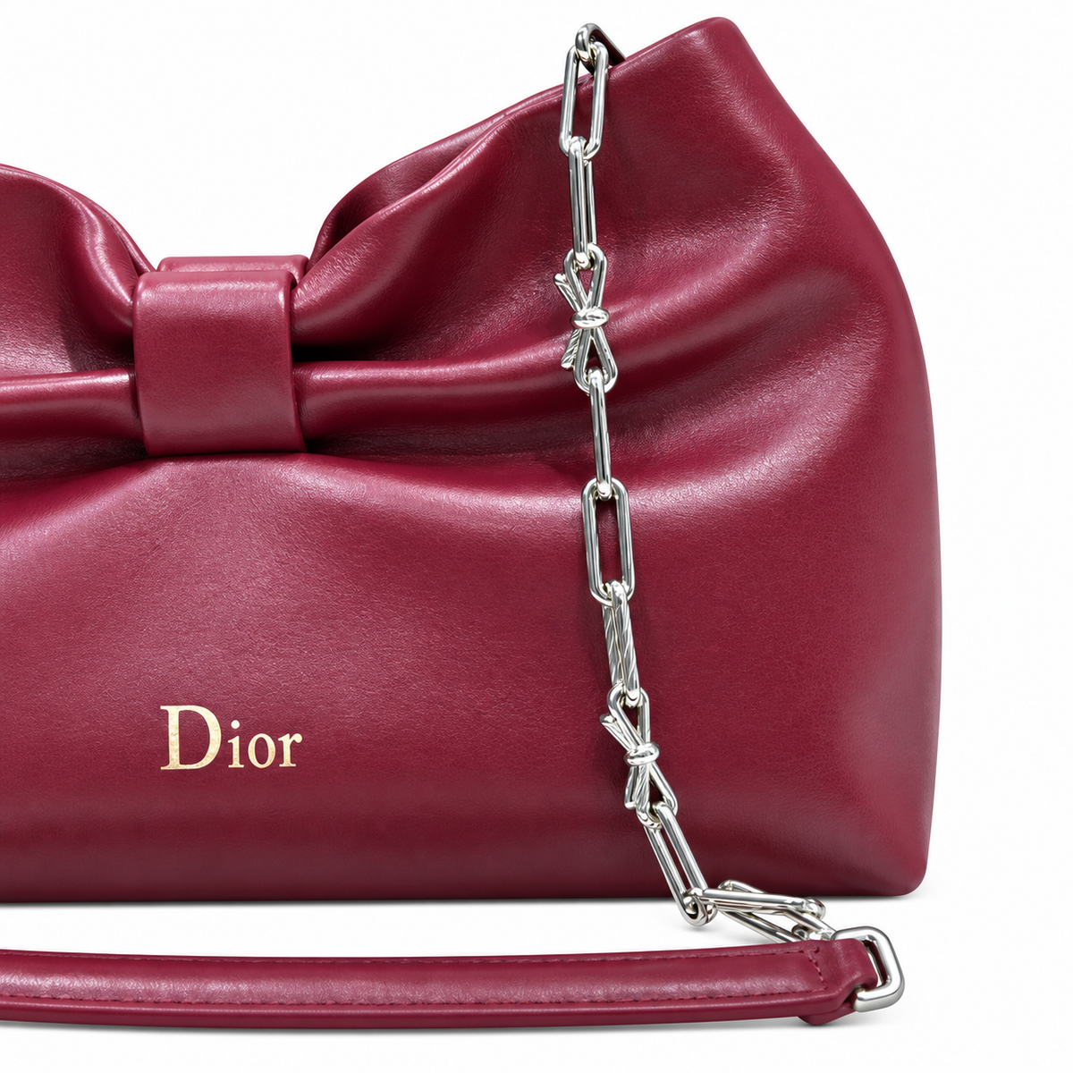 Dior Bow Bag in Bordeaux Lambskin Leather with Silver Chain Strap