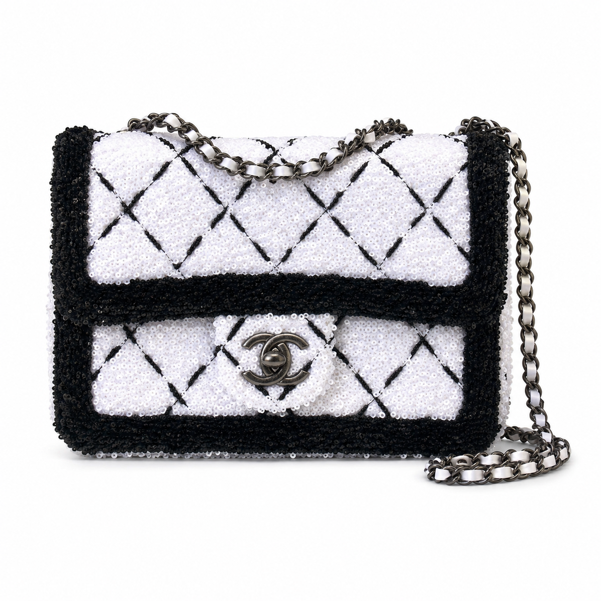 Chanel Quilted Black and White Sequin Evening Clutch with Silver Chain