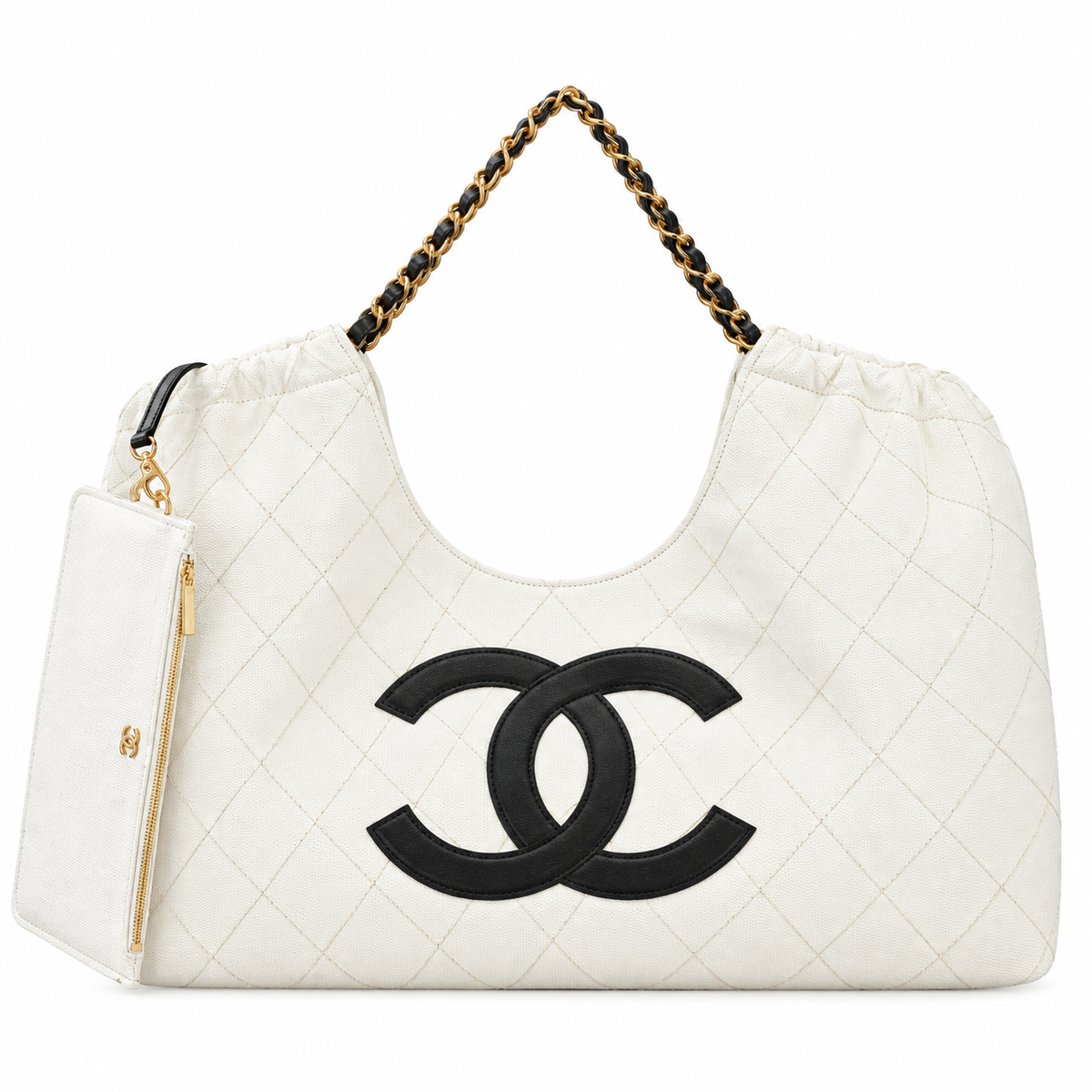 Chanel White Quilted Large 22 Bag with Black Chain