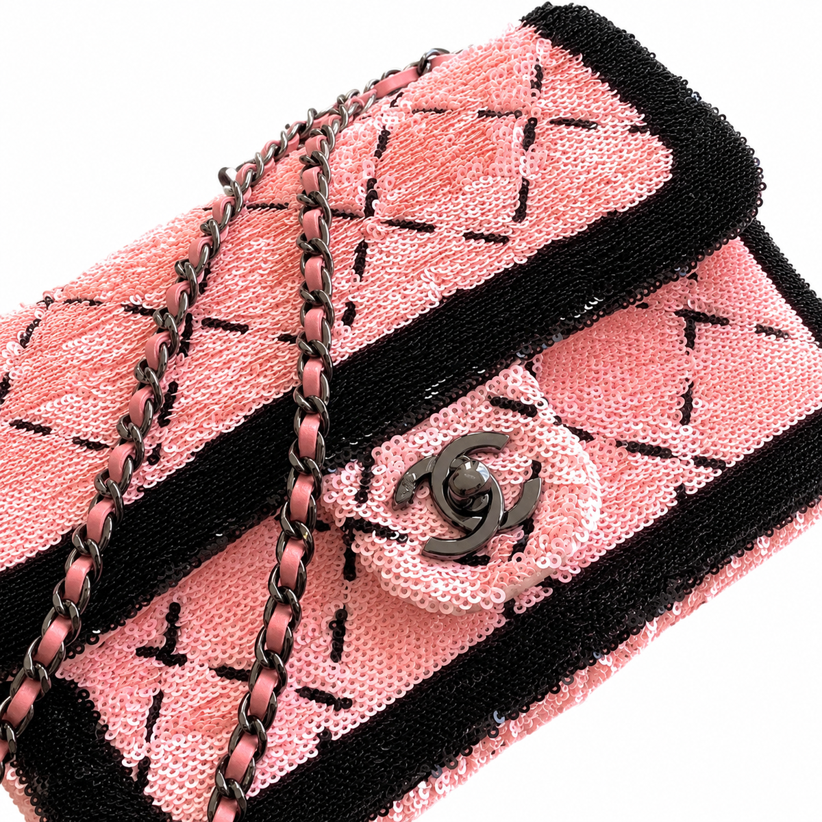 Chanel Quilted Pink and Black Sequin Classic Flap Bag with Gunmetal Chain