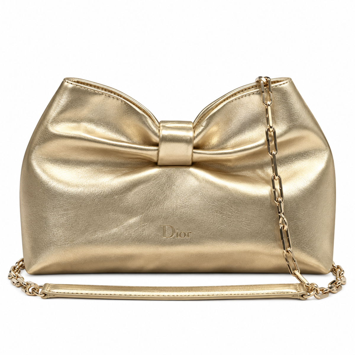 Dior Bow Bag in Champagne Gold Metallic Leather with Gold Chain Strap
