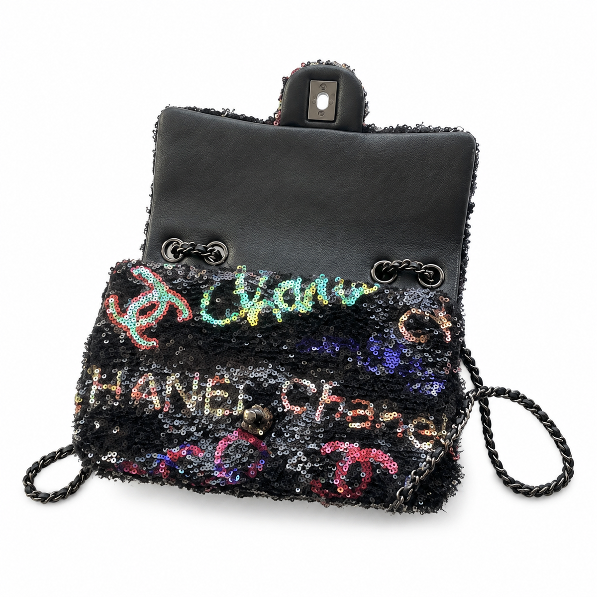 Chanel Classic Flap Bag in Black Sequin with Pink Graffiti Logo