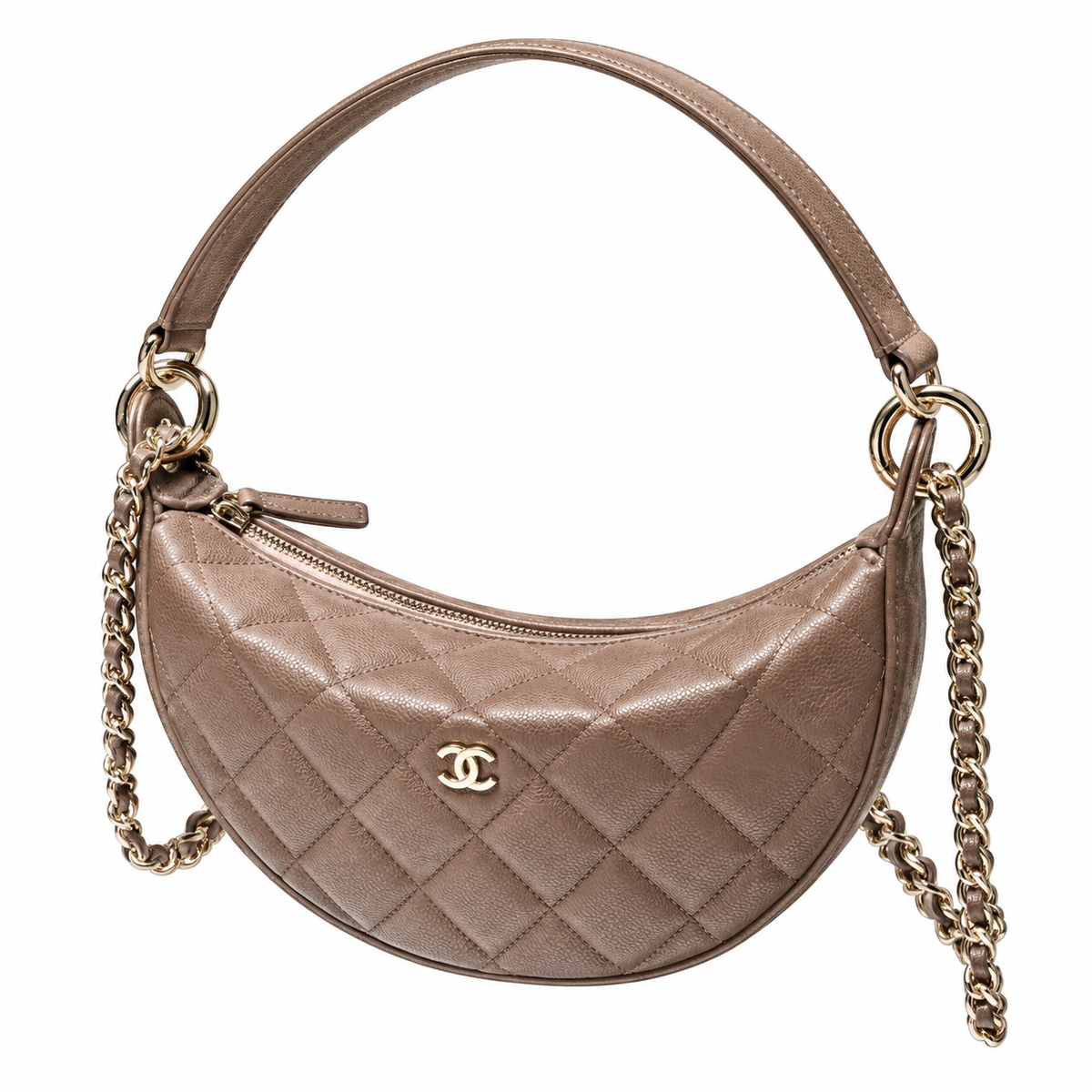 Chanel Taupe Quilted Caviar Half Moon Bag with Chain