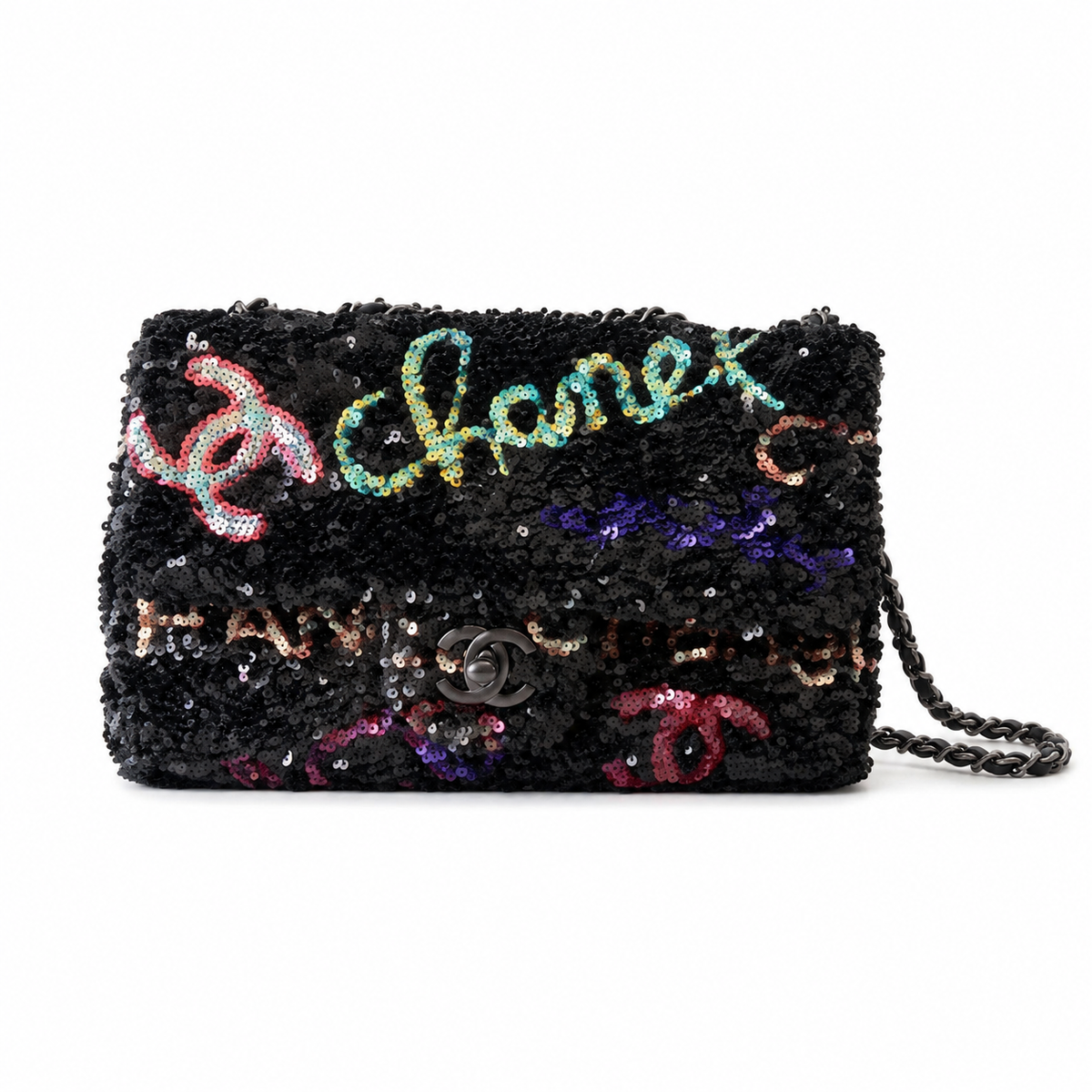 Chanel Graffiti Logo Sequin Classic Flap Bag with Gunmetal Chain