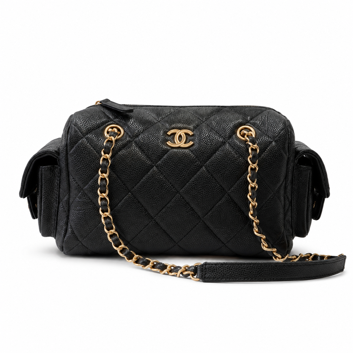 Chanel Quilted Black Caviar Leather Shoulder Bag with Gold CC Logo