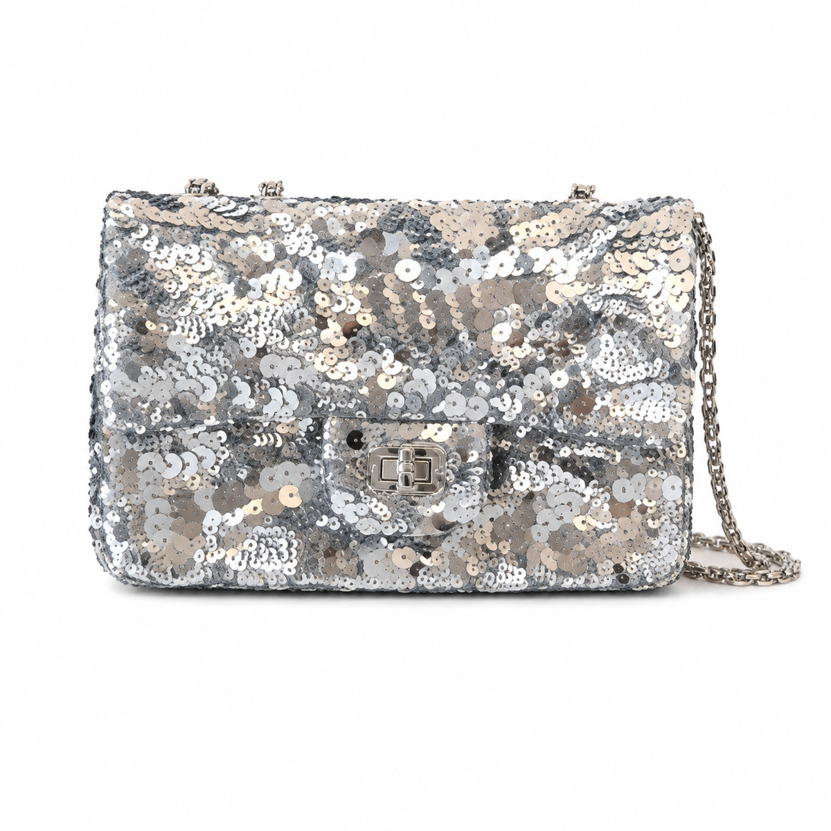 Chanel Classic Flap Bag in Silver and Gold Mixed Sequin with Silver Chain