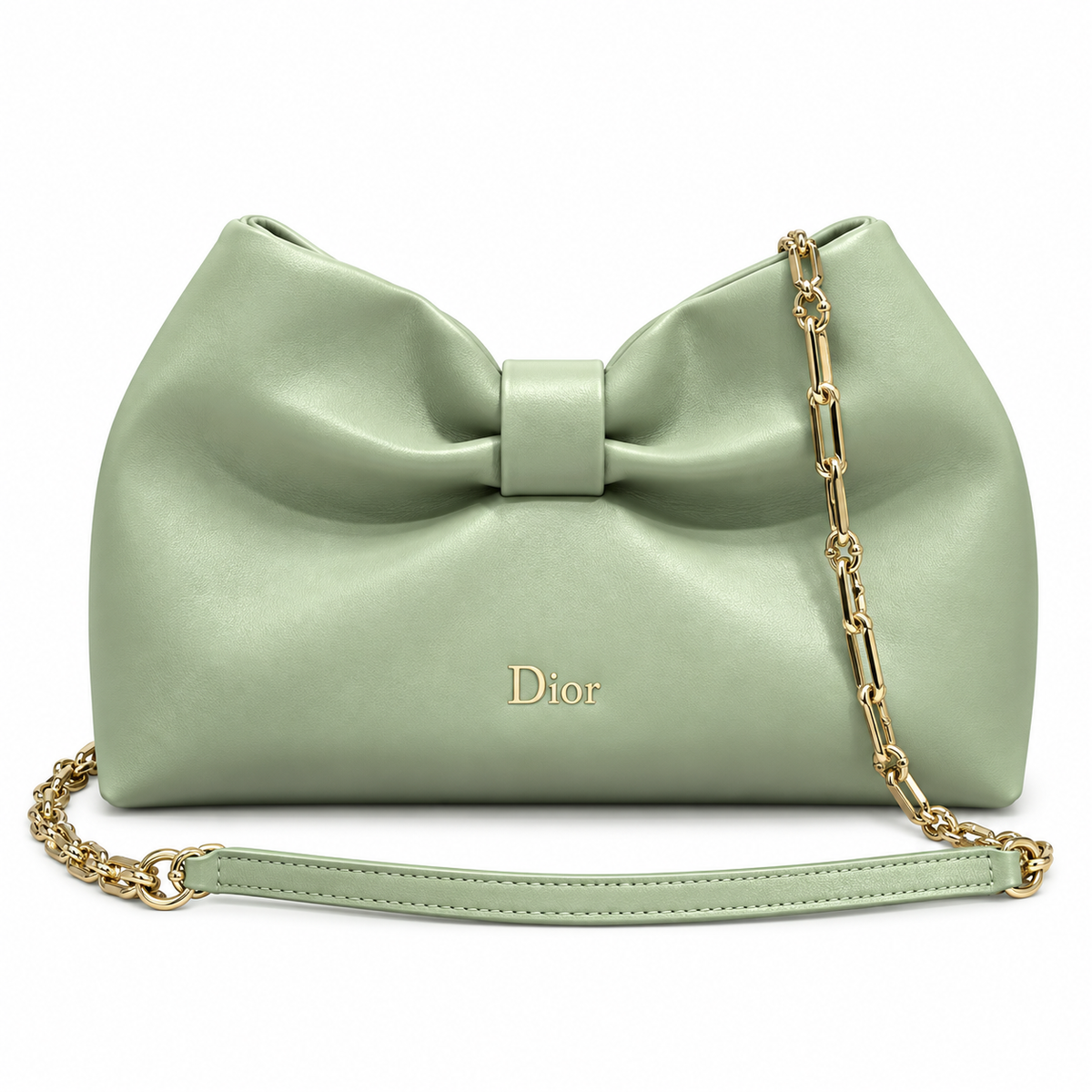 Dior Bow Bag in Sage Green Lambskin Leather with Bow-Shaped Gold Chain