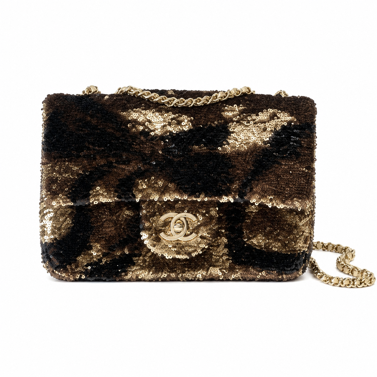 Chanel Classic Flap Bag in Black and Gold Striped Sequin with Gold Chain