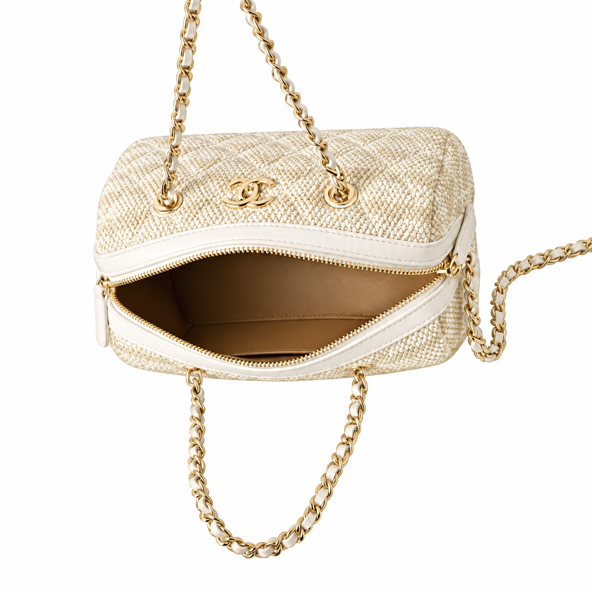 Chanel Beige Quilted Raffia Bowling Bag with Chain