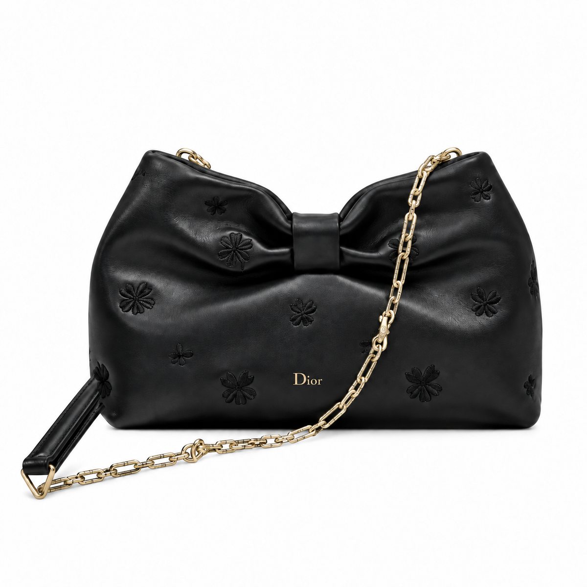 Dior Bow Bag in Black Leather with Floral Embroidery and Gold Chain