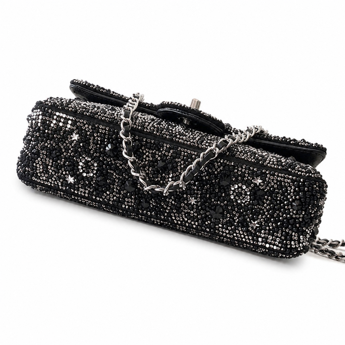 Chanel Classic Flap Bag in Black Crystal Embellishment with Silver CC Lock