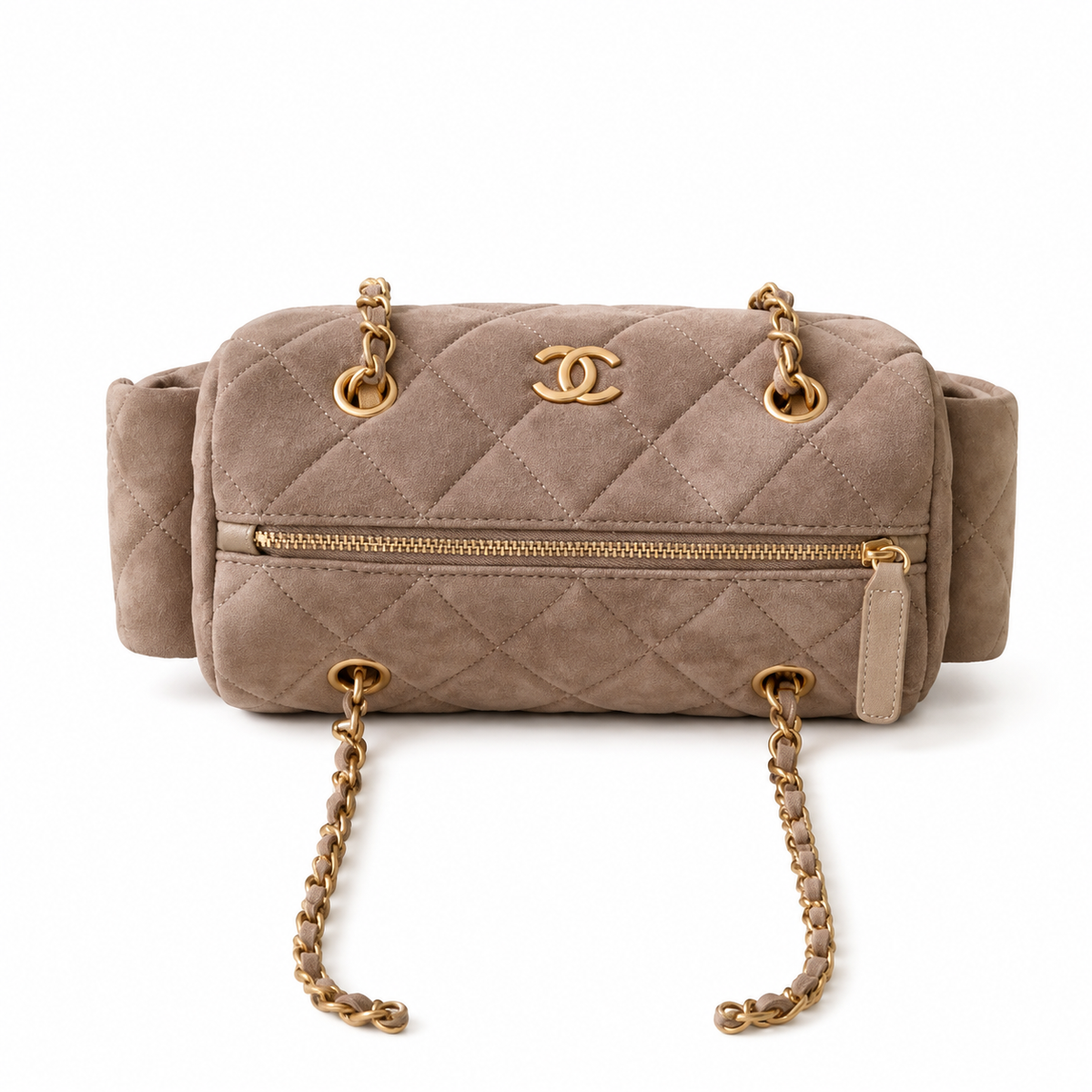 Chanel Quilted Taupe Suede Camera Bag with Antique Gold CC Logo