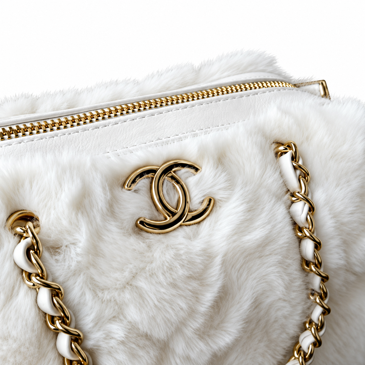 Chanel White Faux Fur CC Shoulder Bag with Chain