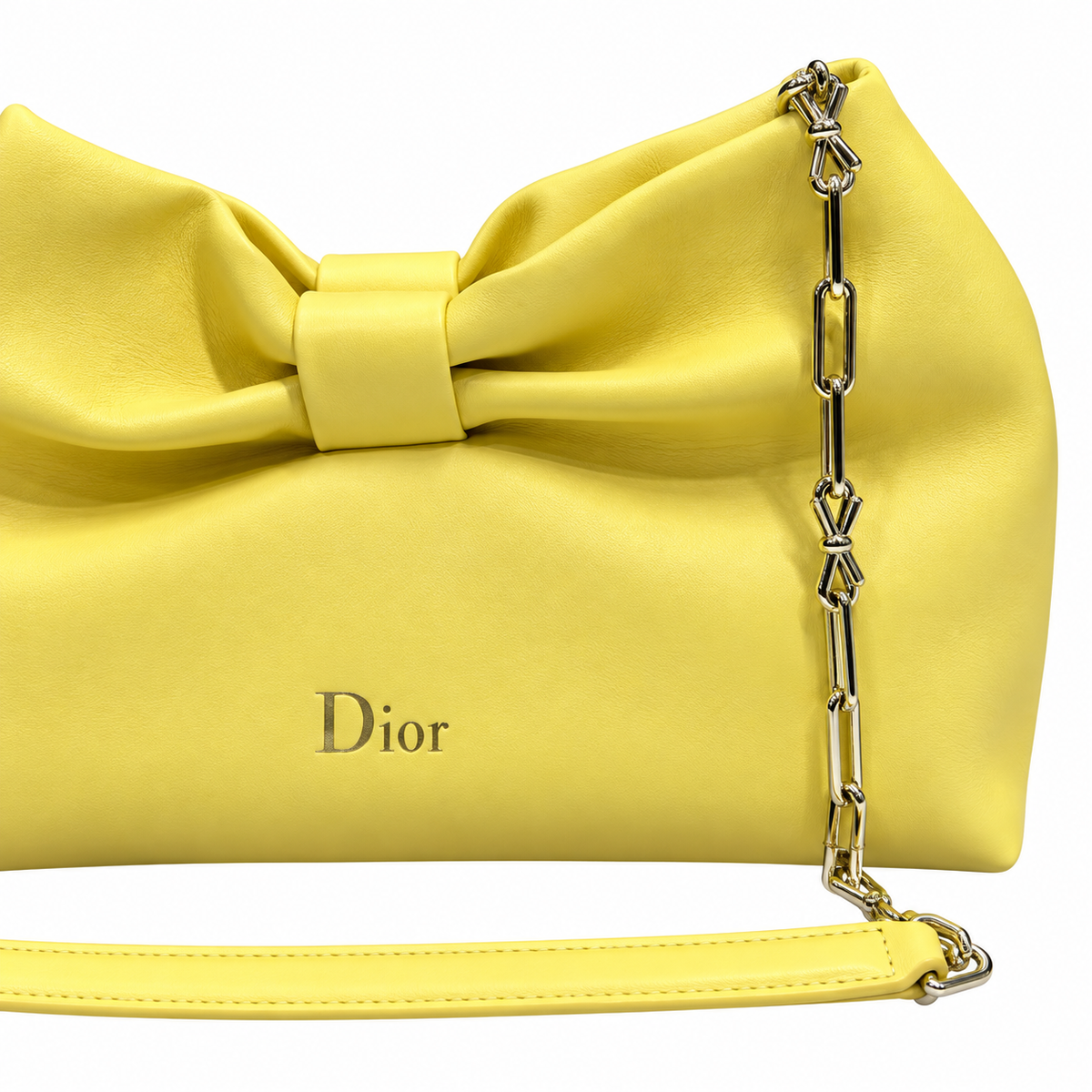 Dior Bow Clutch in Lemon Yellow Satin Leather with Gold Zip Closure