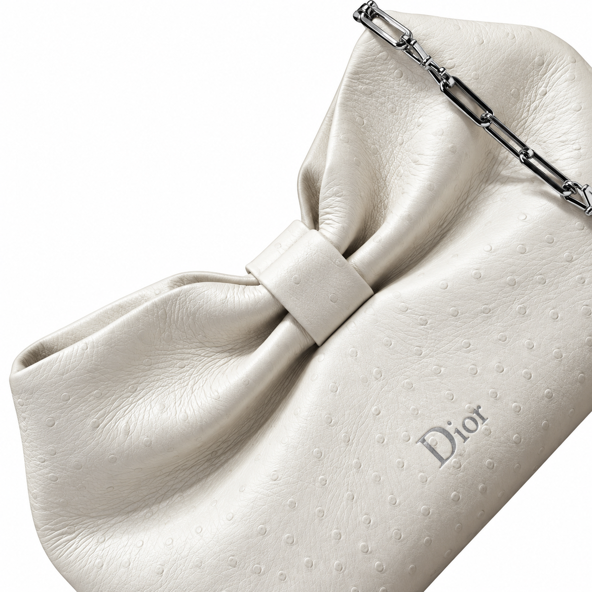 Dior Bow Bag in Ivory Ostrich-Embossed Leather with Silver Paperclip Chain