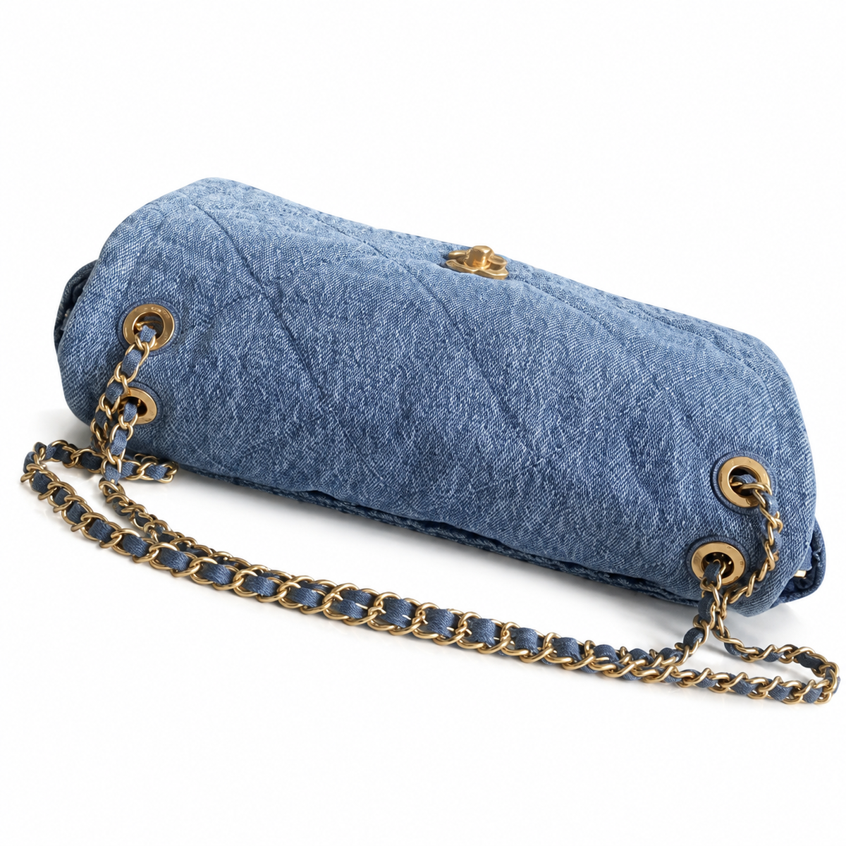 Chanel Quilted Denim Chain Tote Bag in Light Blue with Gold CC Charm