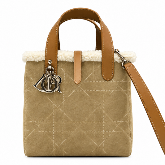 Dior Toujours Mini Bag in White Shearling with Camel Leather Trim
