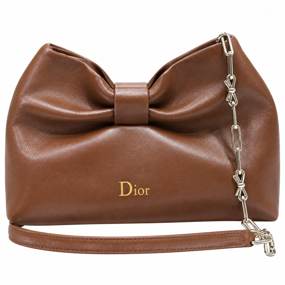 Dior Bow Bag in Tan Matte Lambskin with Dual Silver Chain Straps