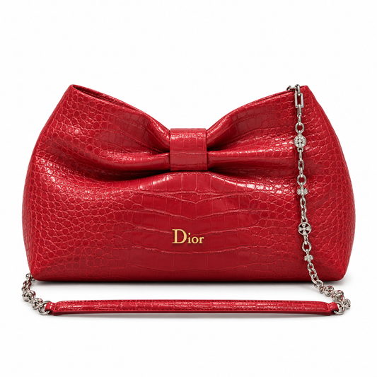 Dior Bow Bag in Rose Red Crocodile-Embossed Leather with Gold Dior Logo