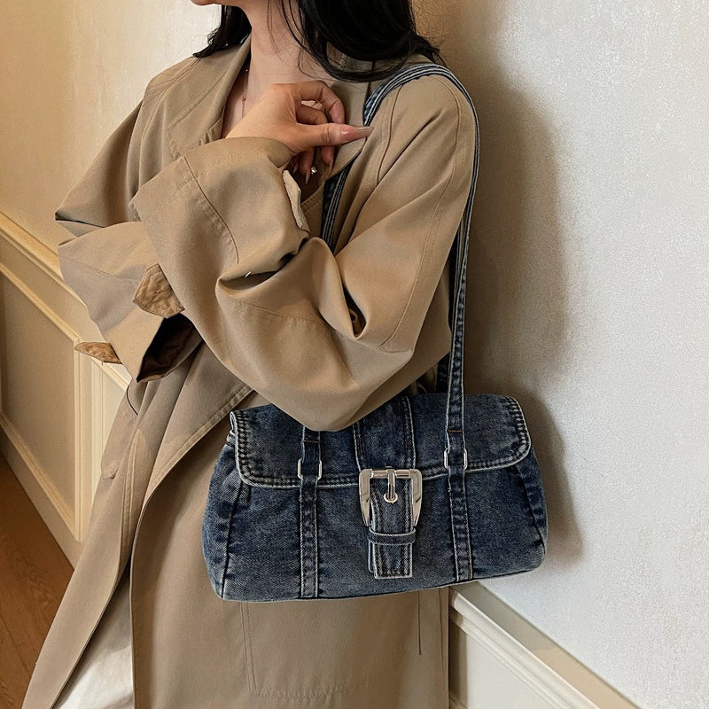 Washed Denim Buckle Flap Bag