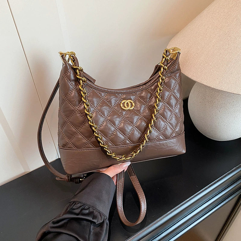 Brown Quilted Chain Hobo Bag