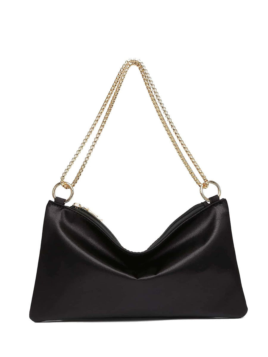 Black Satin V-Zip Chain Shoulder Bag