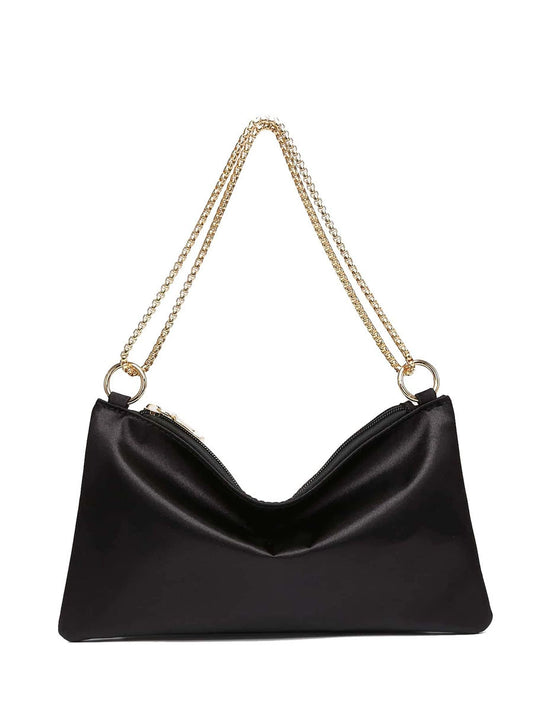 Black Satin V-Zip Chain Shoulder Bag