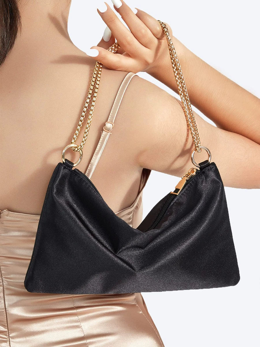 Black Satin V-Zip Chain Shoulder Bag