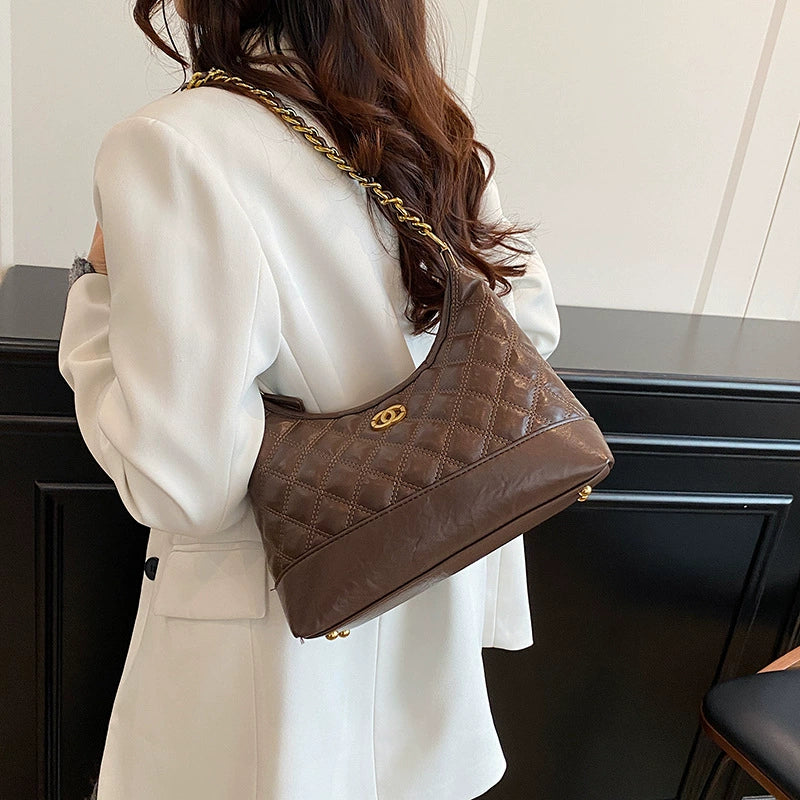 Brown Quilted Chain Hobo Bag