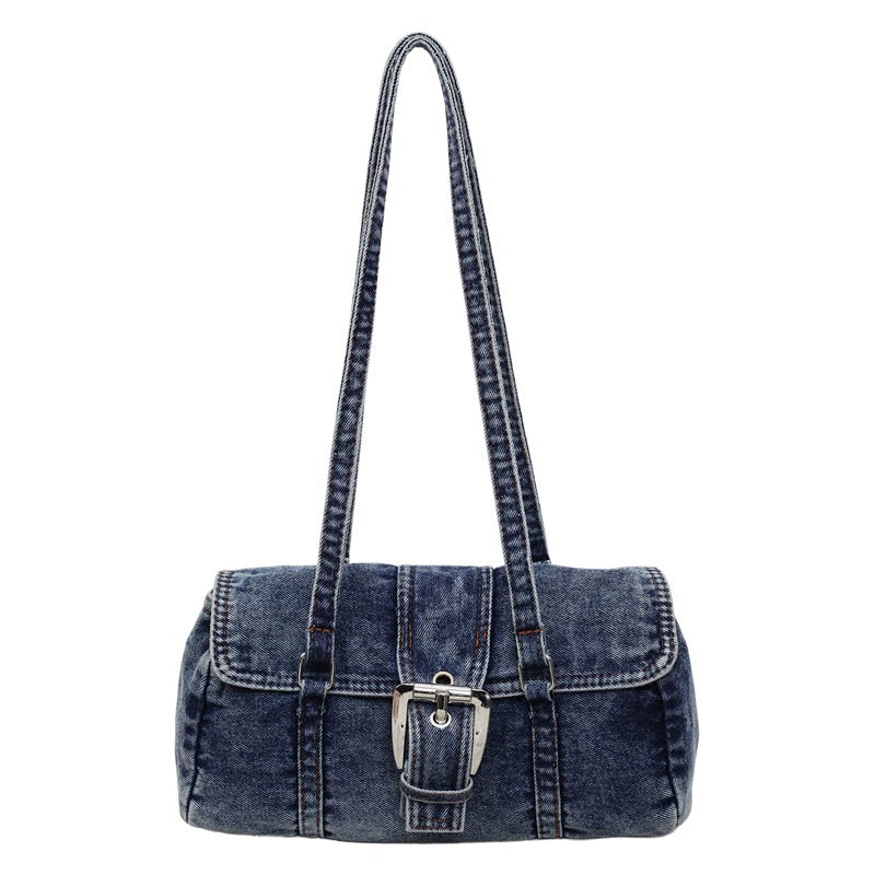Washed Denim Buckle Flap Bag