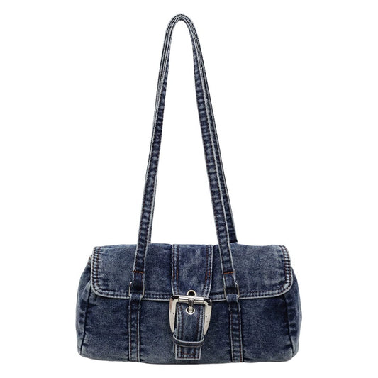 Washed Denim Buckle Flap Bag