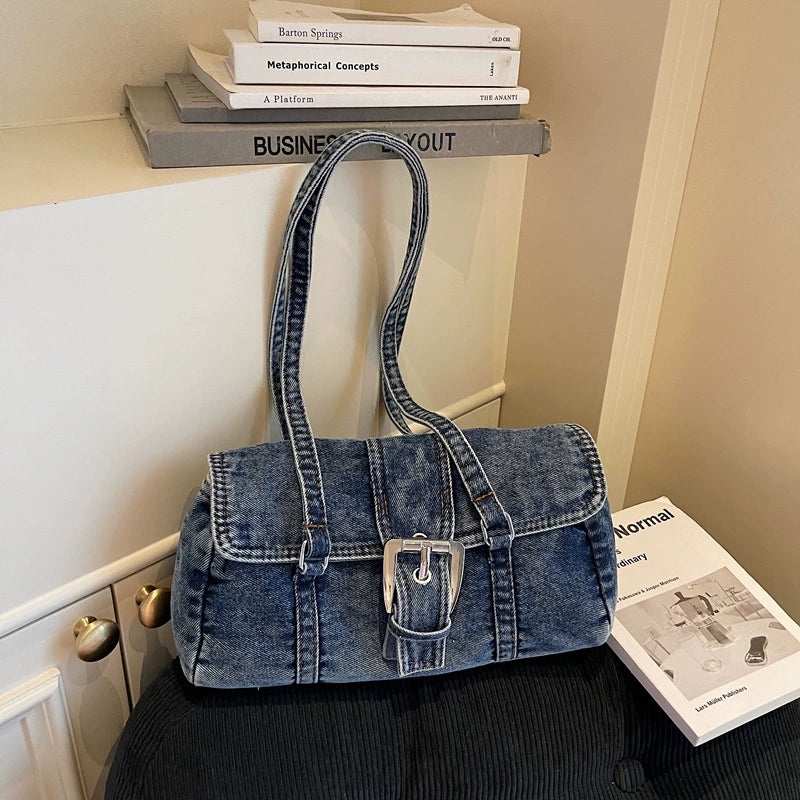 Washed Denim Buckle Flap Bag