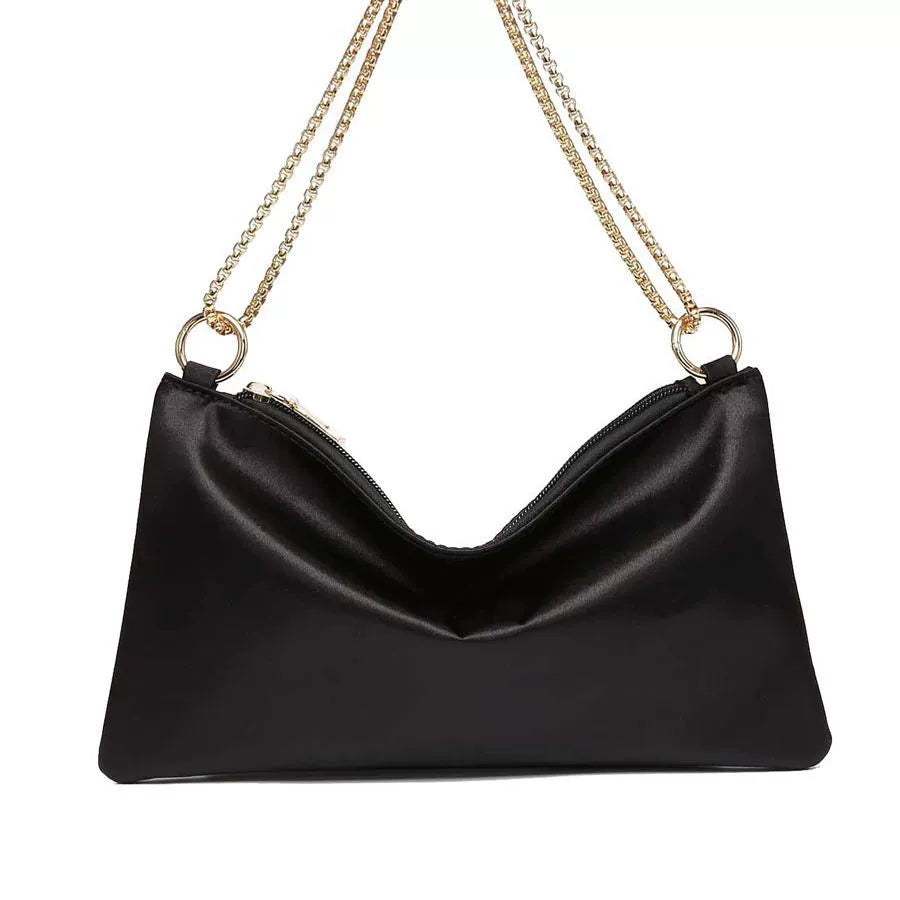 Black Satin V-Zip Chain Shoulder Bag