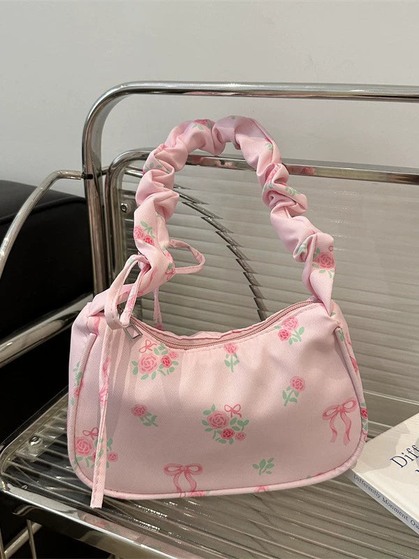 Pink Floral Bow Ruched Handle Bag