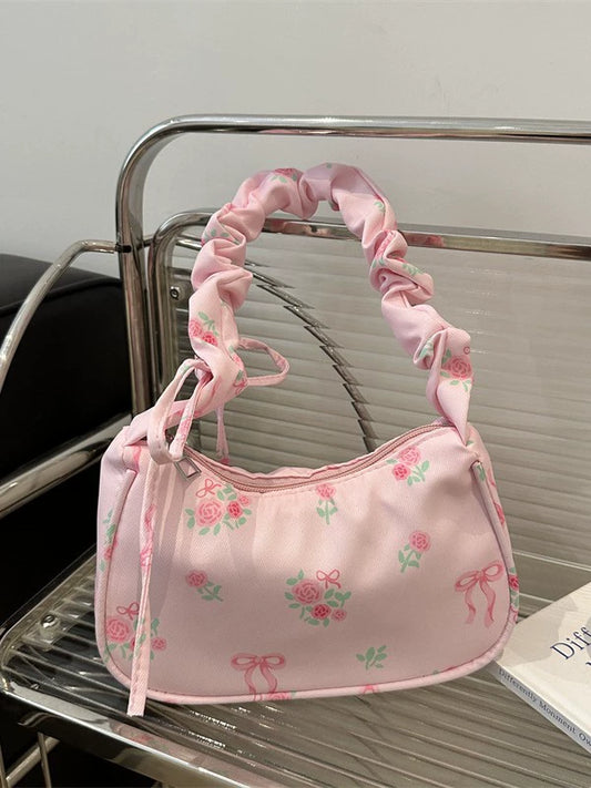 Pink Floral Bow Ruched Handle Bag