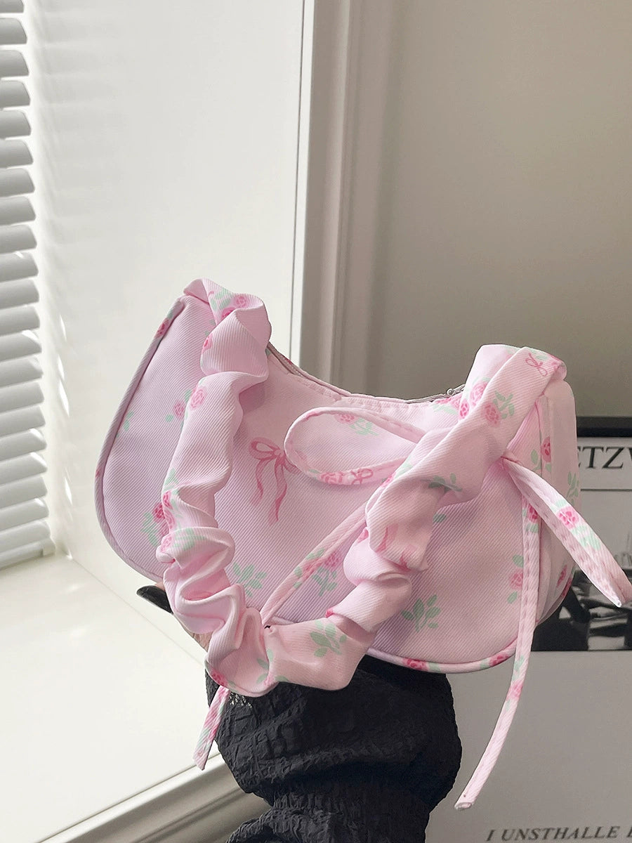 Pink Floral Bow Ruched Handle Bag